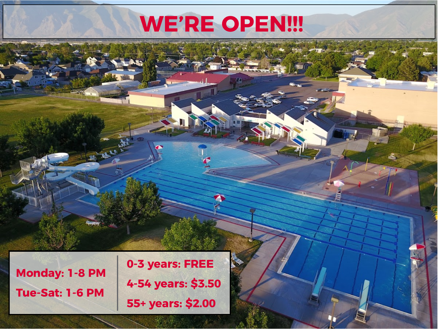Aerial image of water park with summer hours and admission prices.